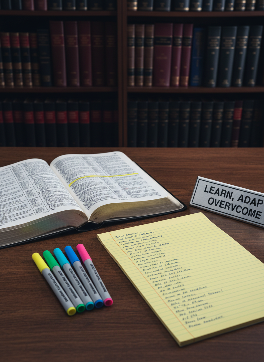 A solid wooden table holds an organized Bible study setup: a hardcover study Bible open to the center, a lined legal pad filled with neatly written bullet points, and color-coded highlighters arranged in a straight line. Beside them, a small metal desk plaque reads “Learn, Adapt, Overcome” in engraved letters. In the background, a bookshelf filled with theological commentaries and reference books fades into a soft blur. Overhead, cool yet gentle studio lighting illuminates the pages, creating crisp highlights on the paper texture and subtle shadows beneath the writing instruments. The composition uses the rule of thirds, drawing the eye to the open Bible and the motivational plaque. The mood is disciplined and focused, conveying structured learning and serious study in a realistic, professional photographic style.