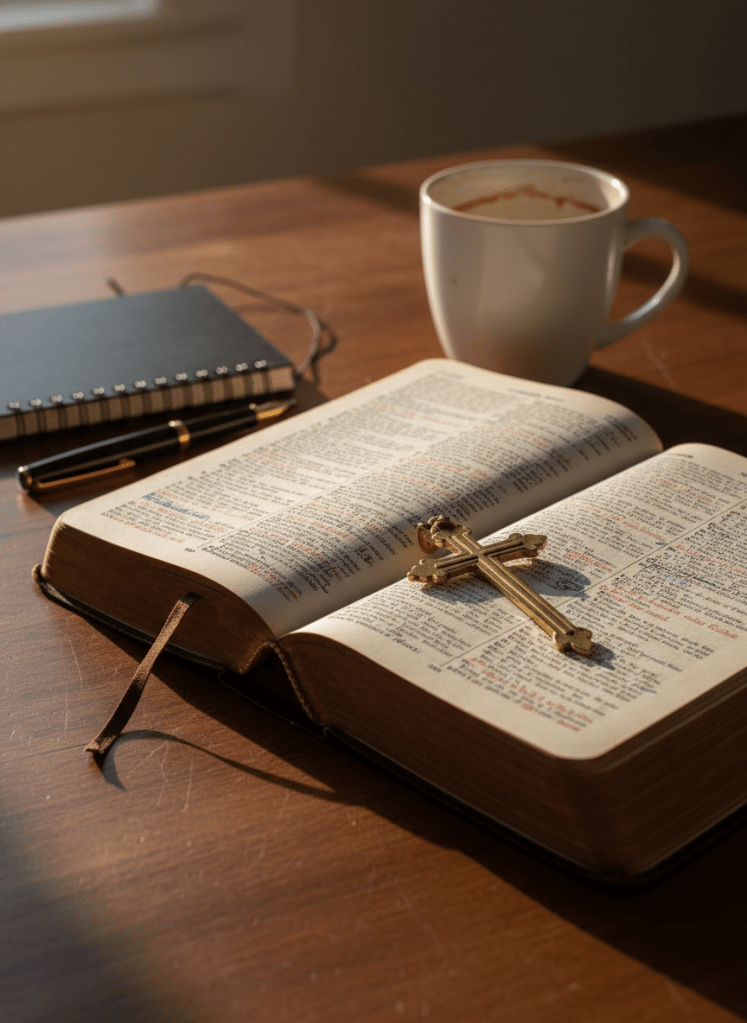A well-worn leather Bible rests open on a sturdy wooden desk, its thin, slightly curled pages revealing underlined verses and small handwritten margin notes. A brass bookmark shaped like a cross lies neatly across the center crease. Around the Bible sit a closed spiral-bound notebook, a black fountain pen, and a simple ceramic mug with faint coffee stains along the rim. Late afternoon sunlight enters from an unseen window, washing the scene in warm, directional light and casting long, contemplative shadows. Captured at eye level with a shallow depth of field, the Bible’s text is crisp while the background falls into soft blur. The mood is serious yet hopeful, suggesting study, reflection, and personal growth, rendered in clean, photographic realism suitable for a professional Bible teaching site.