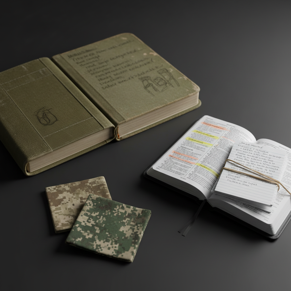 An aged, slightly scuffed military-style field notebook lies open next to a compact travel Bible on a matte black surface, both showing evidence of heavy use with creased spines and softened corners. A pair of neatly folded camouflage-patterned fabric strips sit nearby, hinting at a veteran’s background without showing any person. The Bible’s pages reveal highlighted passages on courage and perseverance, with a small rubber band holding in folded sermon outlines. Cool, directional side lighting from the left carves out strong contrast, creating defined shadows that emphasize texture and grit. Shot from a slightly elevated angle with sharp focus throughout, the composition feels intentional and resolved. The mood is resilient and sober, blending military discipline with biblical truth in a clean, contemporary photographic realism.