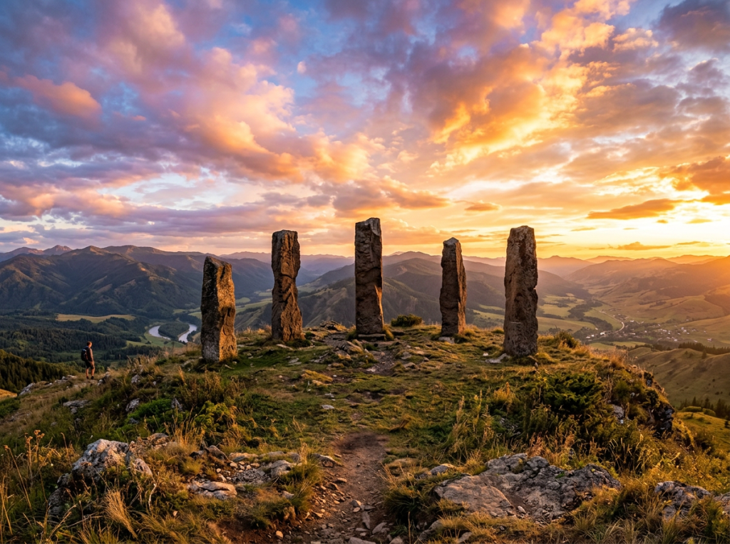 Five ancient stone pillars on a grassy hill with mountains and a sunset sky